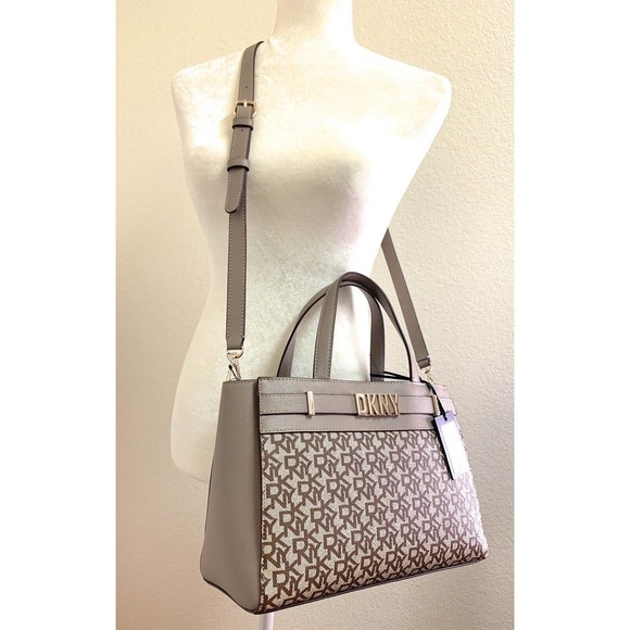 DKNY Purse Beckett Satchel Brown Beige Leather Crossbody Bag Top Handle Handbag - Picture 4 of 9